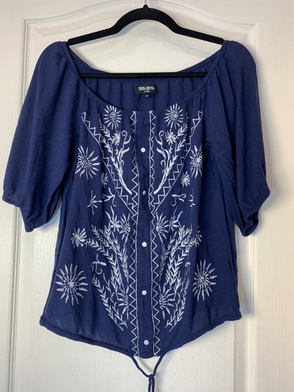 Terra Nostra Boho Embroidered Blue Top M – Cottagecore Peasant Blouse Spring Sum